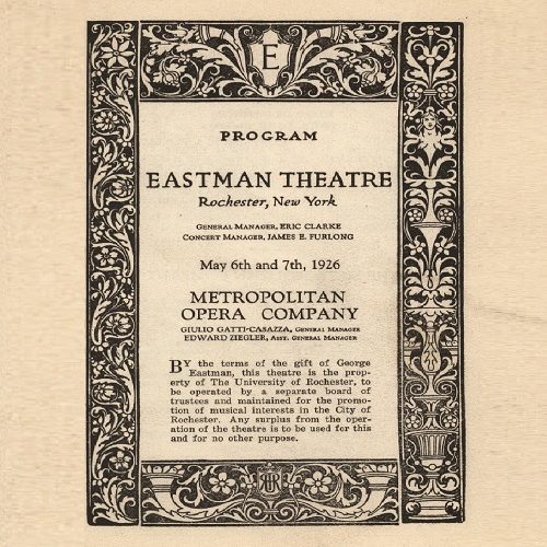1926 May 6-7 (color) Metropolitan Opera Rigoletto Cover of the concert program for the Metropolitan Opera Company's May 1926 performance of "Rigoletto" in Eastman Theatre, showing text with an elaborate border.