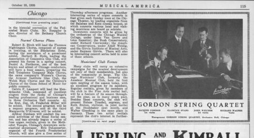 1926 October 23 Musical America Gordon String Quartet HALF PAGE Promotion on the national level in the pages of the journal Musical America.
