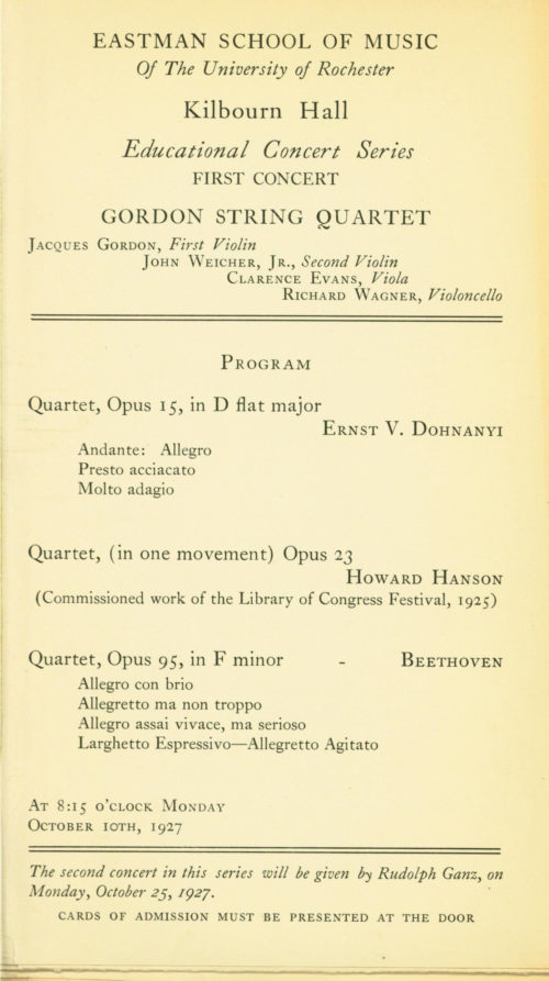 1927 October 10 Gordon String Quartet Concert program of the Gordon String Quartet’s first appearance at Eastman.