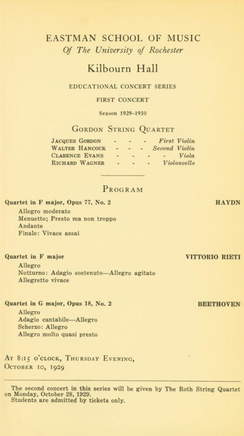 1929 October 10 Gordon String Quartet Concert program of the Gordon String Quartet’s second appearance at Eastman.