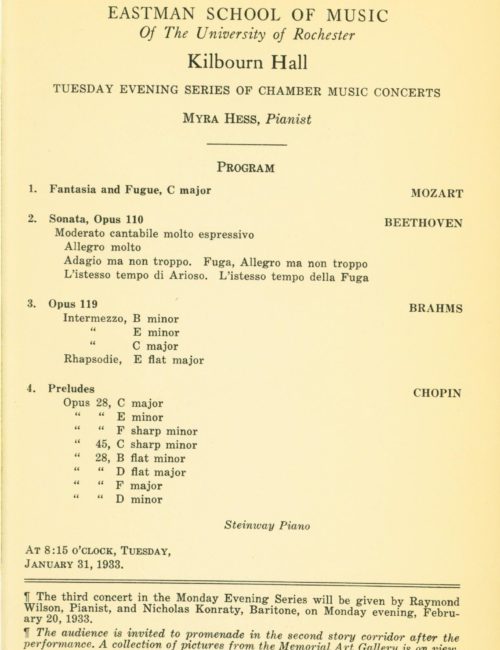 1933 January 31 Chamber Music Concert Myra Hess printed program, Myra Hess, January 31, 1933