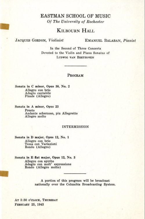 1943 February 25 Jacques Gordon and Emanuel Balaban Concert program from one of Jacques Gordon’s solo recitals at Eastman.