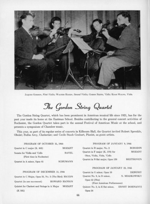 1944 The Score The Gordon String Quartet Full-page coverage of the Gordon String Quartet in the Eastman School’s 1944 yearbook.