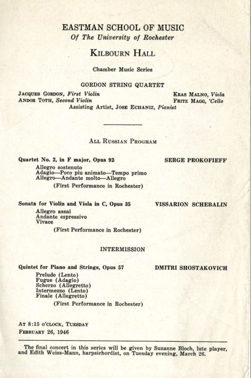 1946 February 26 Gordon String Quartet with Echaniz Concert program from one of the Gordon String Quartet’s Eastman School recitals.