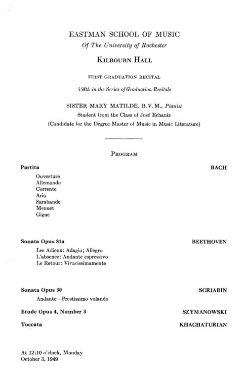 1949 October 3 Sister Mary Matilde B. M. V. Piano Recital Sister Mary Matilde B. M. V. Piano Recital