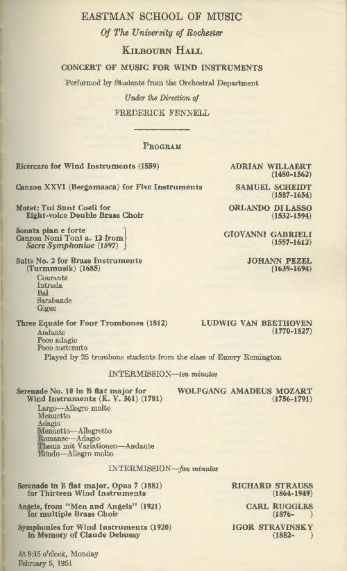 1951 February 5 Music for Wind Instruments with Fennell page 1 1951 February 5 Music for Wind Instruments with Fennell page 1