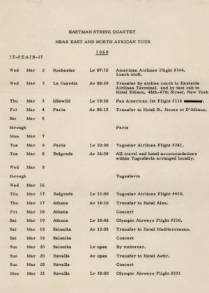 1960 Eastman String Quartet tour itinerary page 1