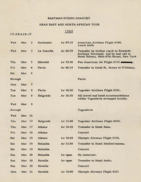 1960 Eastman String Quartet tour itinerary page 1