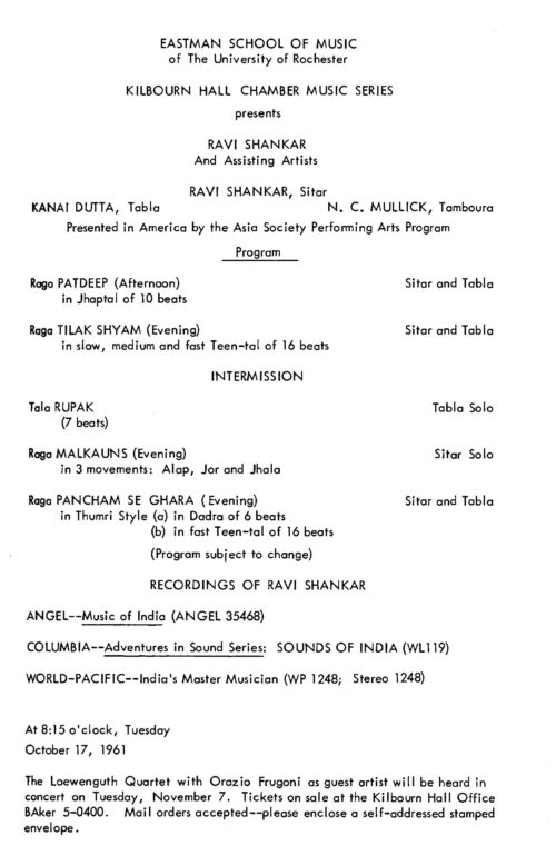 1961 October 17 Ravi Shankar This concert marked Ravi Shankar’s first appearance at Eastman. His later appearance will be described in a future entry of “This Week at Eastman”.