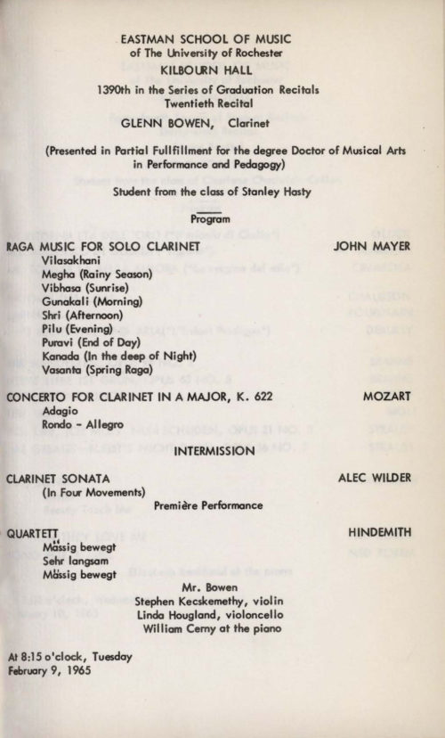 1965 February 9 Glenn Bowen, clarinet 1965 February 9 Glenn Bowen, clarinet
