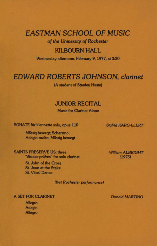 1977 February 9 Edward Roberts Johnson, Clarinet 1977 February 9 Edward Roberts Johnson, Clarinet