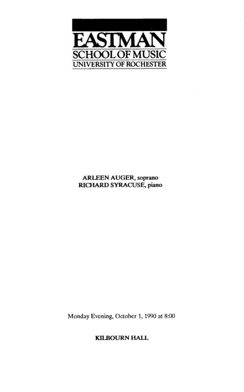 1990 October 1 Arleen Auger, Soprano, and Richard Syracuse, Piano_Page_1 Arleen Auger, soprano with Richard Syracuse, pianist page 1