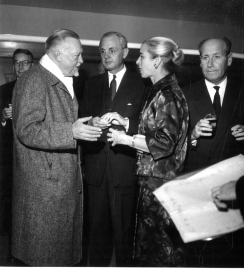 3 ESPA 5x7 3-17 At a reception following the concert in Fribourg on December 5th, 1961, Dr. Hanson visits with U.S. Ambassador Robert McKinney and Mrs. McKinney.