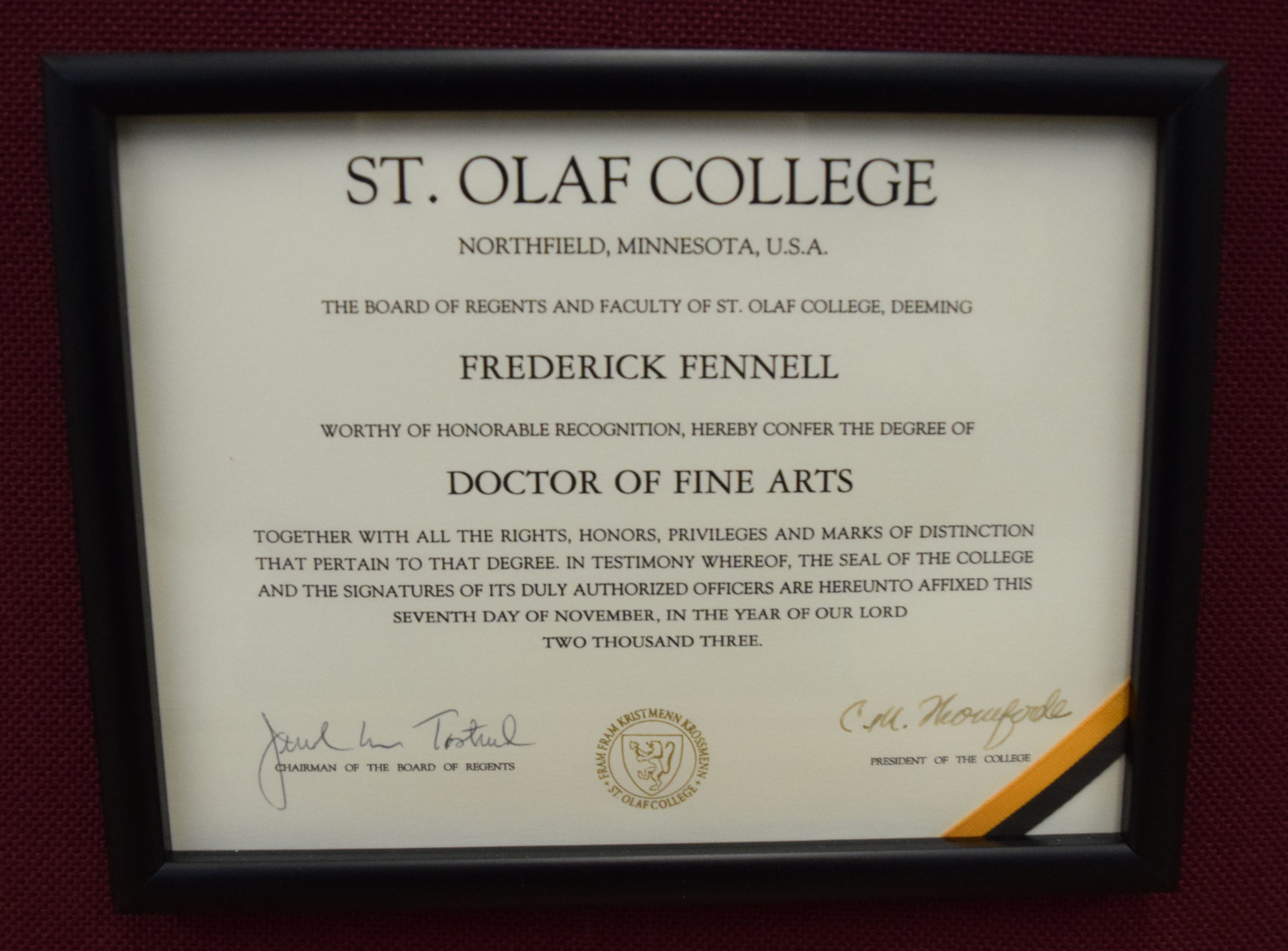 St Olaf College honorary doctorate diploma (2003) St Olaf College honorary doctorate diploma