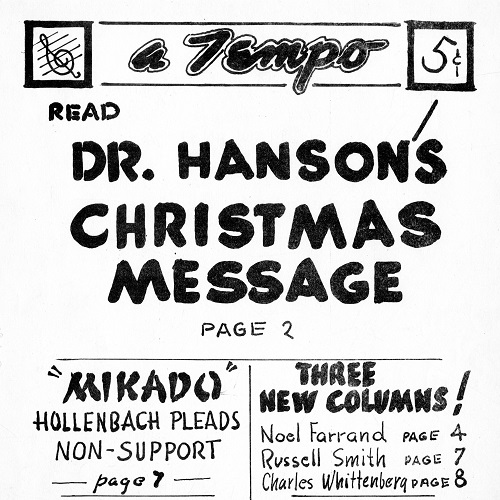 A Tempo (Dec 15 1947) Cover of the December 14, 1947, issue of "A Tempo," with a brief, handwritten table of contents for the issue.