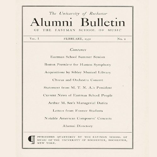 Alumni Bulletin Feb 1 1930 Cover of the February 1930 issue of the Eastman Alumni Bulletin, with a typeset list of contents.