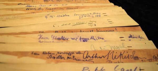 This fan is memorabilia from the Bayreuth Festival (ca. 1901-1914). It contains the autographs of several notable musicians, conductors, composers, and other prominent individuals, including Camille Saint-Saëns, Pablo Casals, and Sergei Rachmaninov. [Bayreuth Fans, Fan 2]