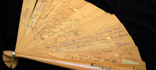 This fan is memorabilia from the Bayreuth Festival (1914). It contains the autographs of several contemporary conductors, composers, and performers, including Max Fielder and Max Reger as well as Bruno Walter and Richard Strauss (on the other side). [Bayreuth Fans, Fan 3]