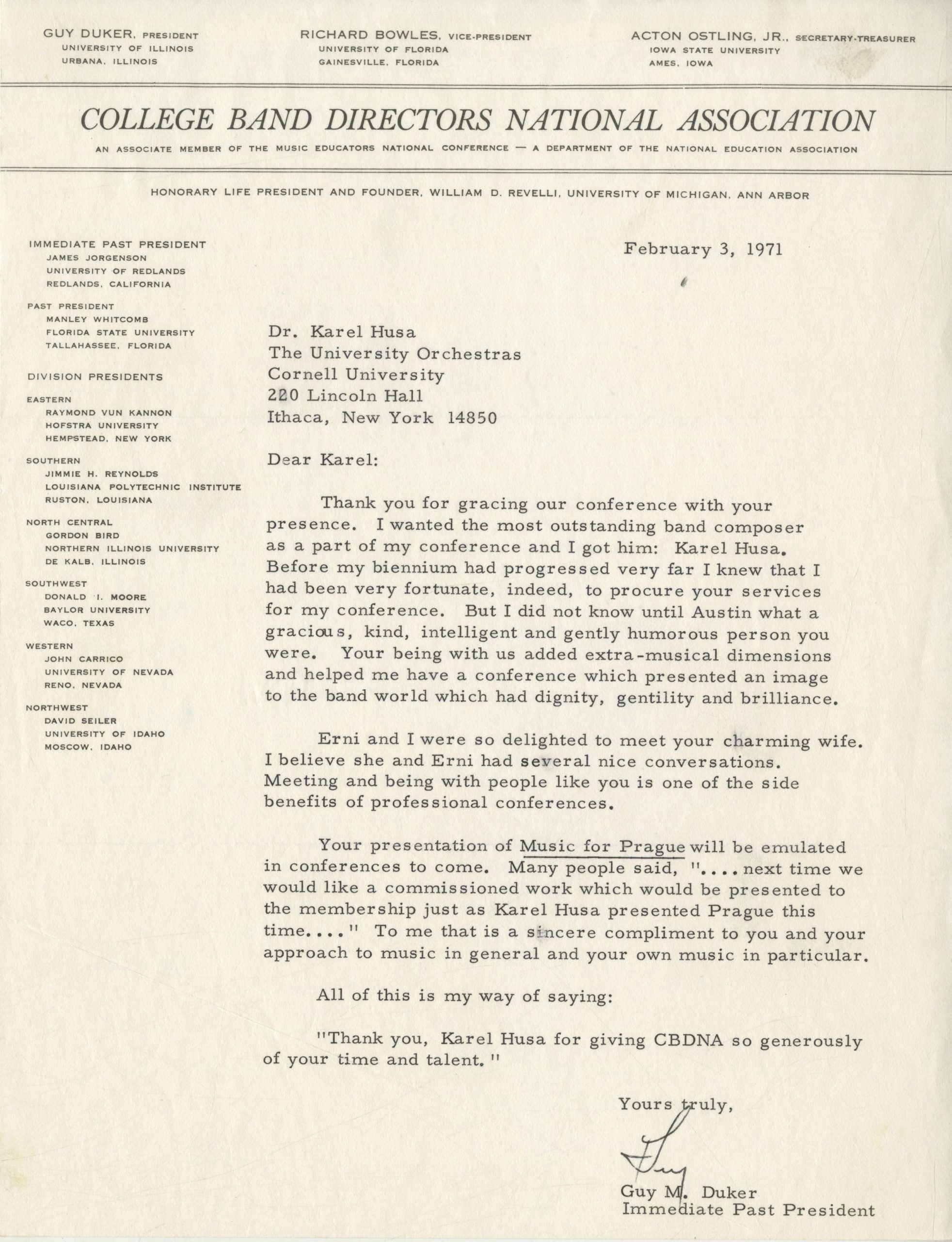 Letter from CBDNA President Guy M. Duker.