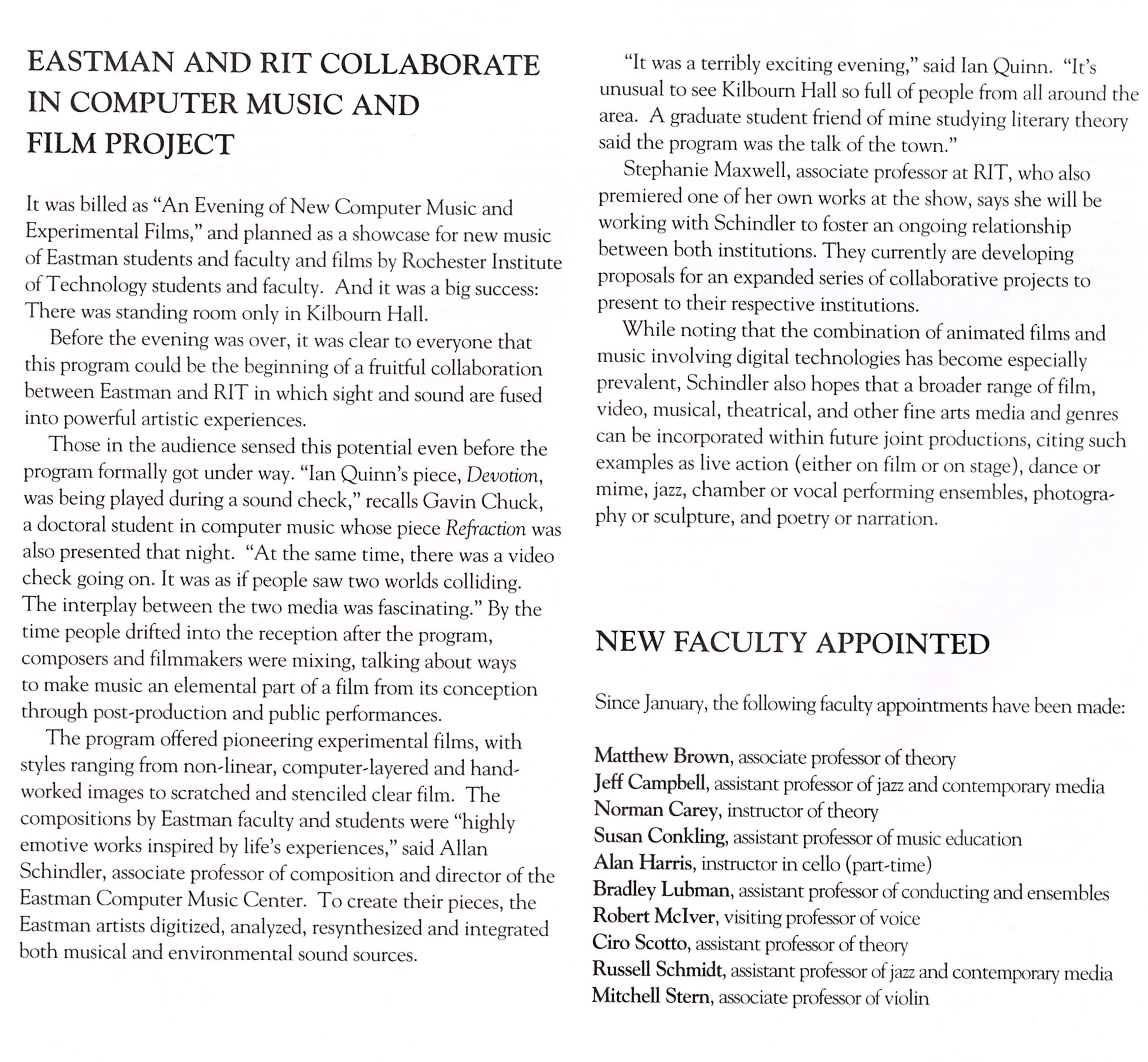 Computer Music and Film Project article, Eastman Notes (July 1997)