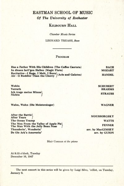 December 16, 1947 Leonard Treash printed program, December 16, 1947