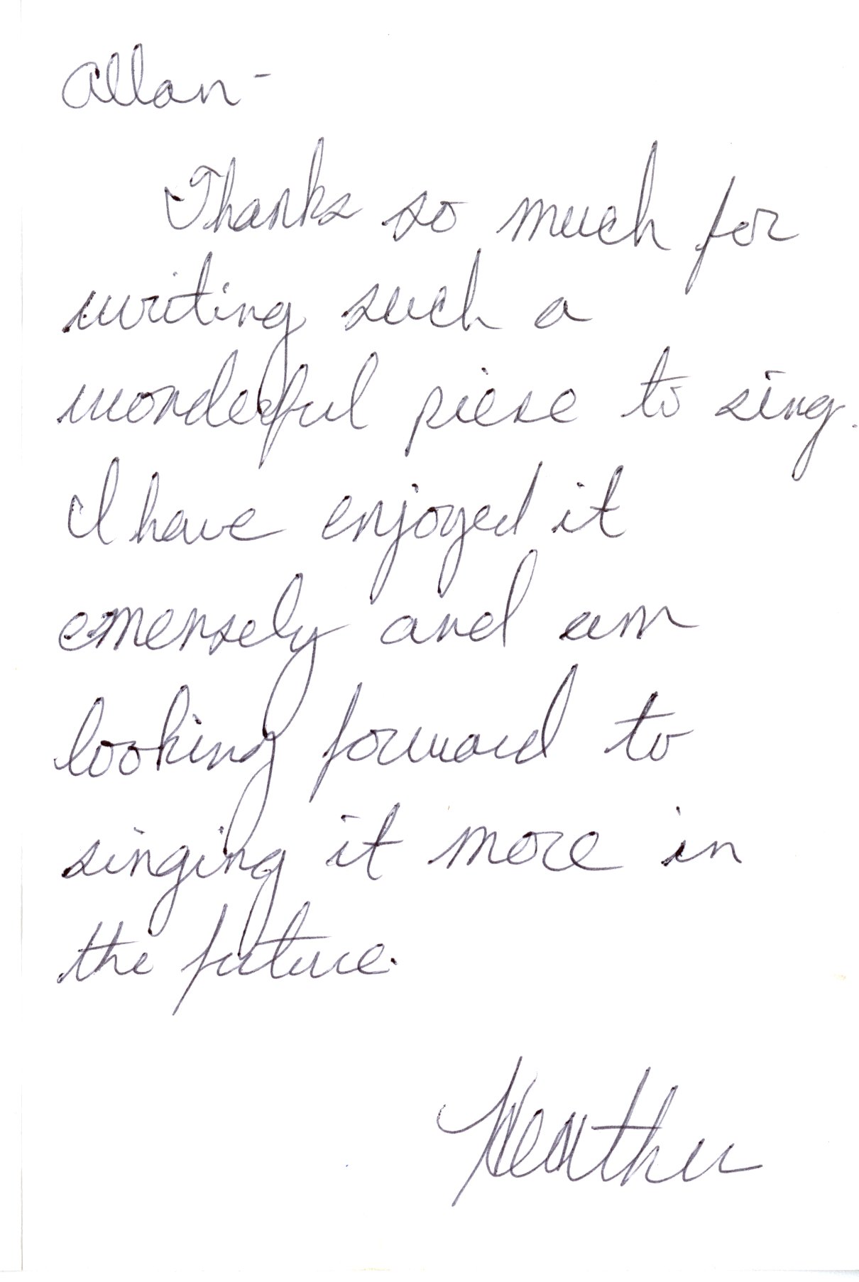 Diaspora, thank you card from Heather Gardner, note