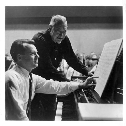 ESPA 8x10 27-32 Conductor Hanson and soloist John La Montaine during rehearsal for the Carnegie Hall concert. Eastman School Photo Archive.