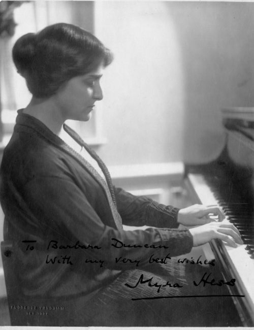 ESPA 8x10 box 15-28 Myra Hess inscribed Photo of Myra Hess, inscribed to Sibley Librarian Barbara Duncan. Photo by Florence VanDamm, New York City.
