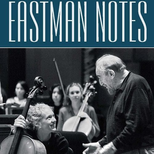 Eastman Notes Winter 2000 Excerpt of the front cover of the Winter 2000 issue of Eastman Notes, showing a photo of Mitch Miller chatting with students during an Eastman Philharmonia rehearsal.