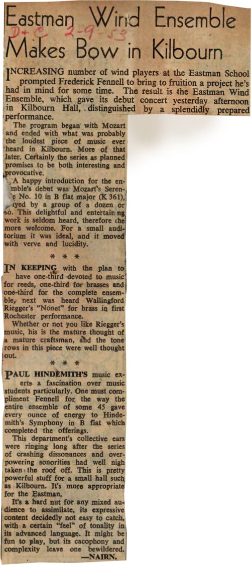 Eastman Wind Ensemble Makes Bow in Kilbourn Newspaper Clipping Eastman Wind Ensemble Makes Bow in Kilbourn Newspaper Clipping