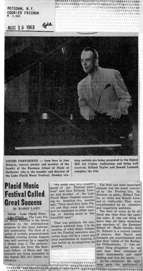 Echaniz scrapbook 7 1963 August 18 press item The Lake Placid Music Festival acquired a dedicated audience right from the outset. José Echániz Collection.