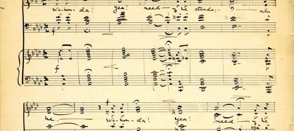 A harmonization of the “Omaha Tribal Prayer” by Arthur Farwell (ink manuscript). [Arthur Farwell Collection, Box 1, Folder 1]
