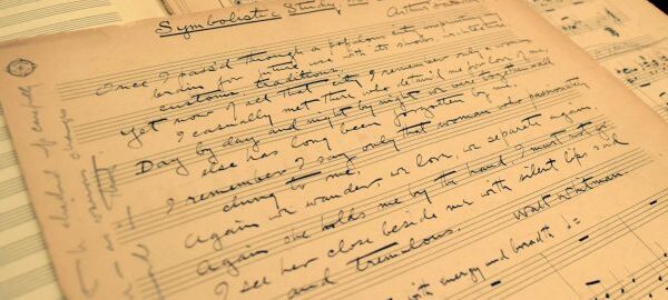 Arthur Farwell’s Symbolistic Study No. 3 for orchestra (1905, rev. 1922) was inspired by the poem “Once I pass’d through a populous city” by Walt Whitman. This reduced piano score is in the hand of Arthur Farwell. [Arthur Farwell Collection, Box 11, Folder 7]