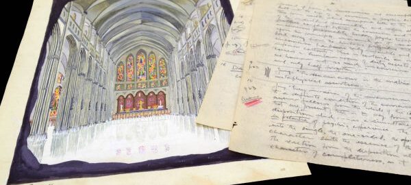 During his final decades, Arthur Farwell worked diligently on a philosophical treatise titled Intuition in the World-Making, which discusses the role of intuition the creative process. The text incorporates drawings by Farwell, such as the pictured illustration “The Shining Floor,” as well as analyses of his artistic visions. [Arthur Farwell Collection, Box 48/1, Item 13 (artwork); Box 24, Folder 11 (literary manuscript)]