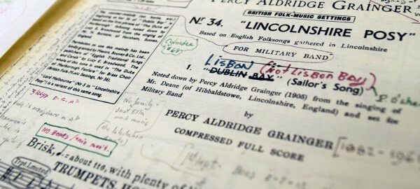 The Frederick Fennell Collection contains a substantial personal music library, including extensively annotated conductor’s scores. This score of Linconshire Posy by Percy Grainger typifies Fennell’s meticulous score study. [Frederick Fennell Collection, Box 2, FF 1083]