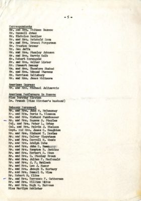guest list for cocktails at Spaso House on January 25th, 1962