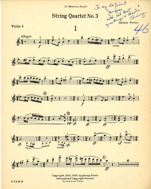 Jacques Gordon box 1-1 violin I, page 1 Violin part inscribed to Jacques Gordon by composer Quincy Porter. Jacques Gordon Collection.