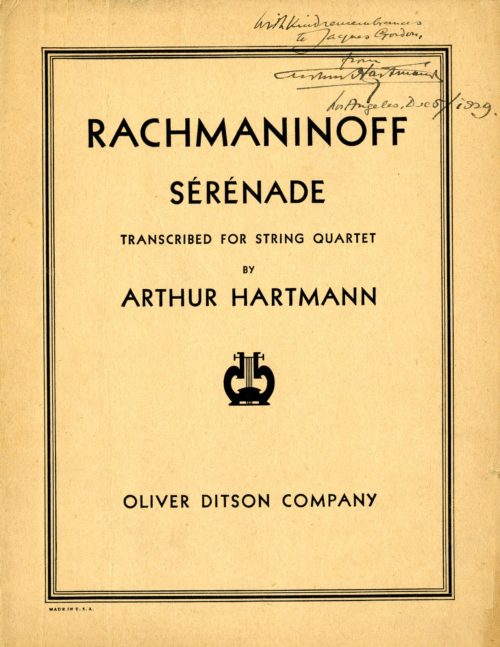 Jacques Gordon box 2-2 front cover Presentation copy of score inscribed to Jacques Gordon by Arthur Hartmann. Jacques Gordon Collection.