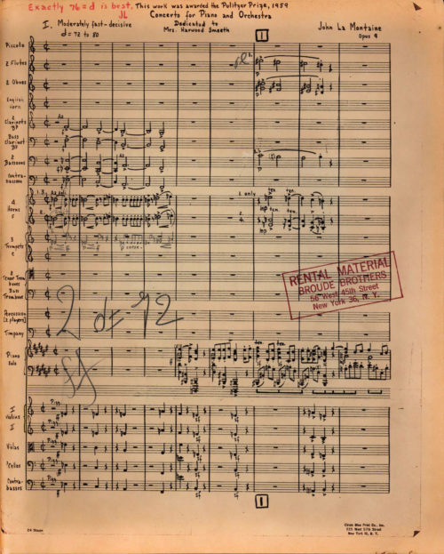 John La Montaine Concerto for Piano and Orchestra, Op. 9 Conductor's Score (Page 1) First page of music in the conductor’s score of the Concerto, opus 9. John La Montaine Collection.
