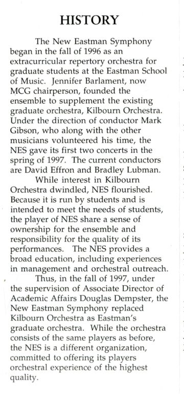 Promotional flyer for the New Eastman Symphony