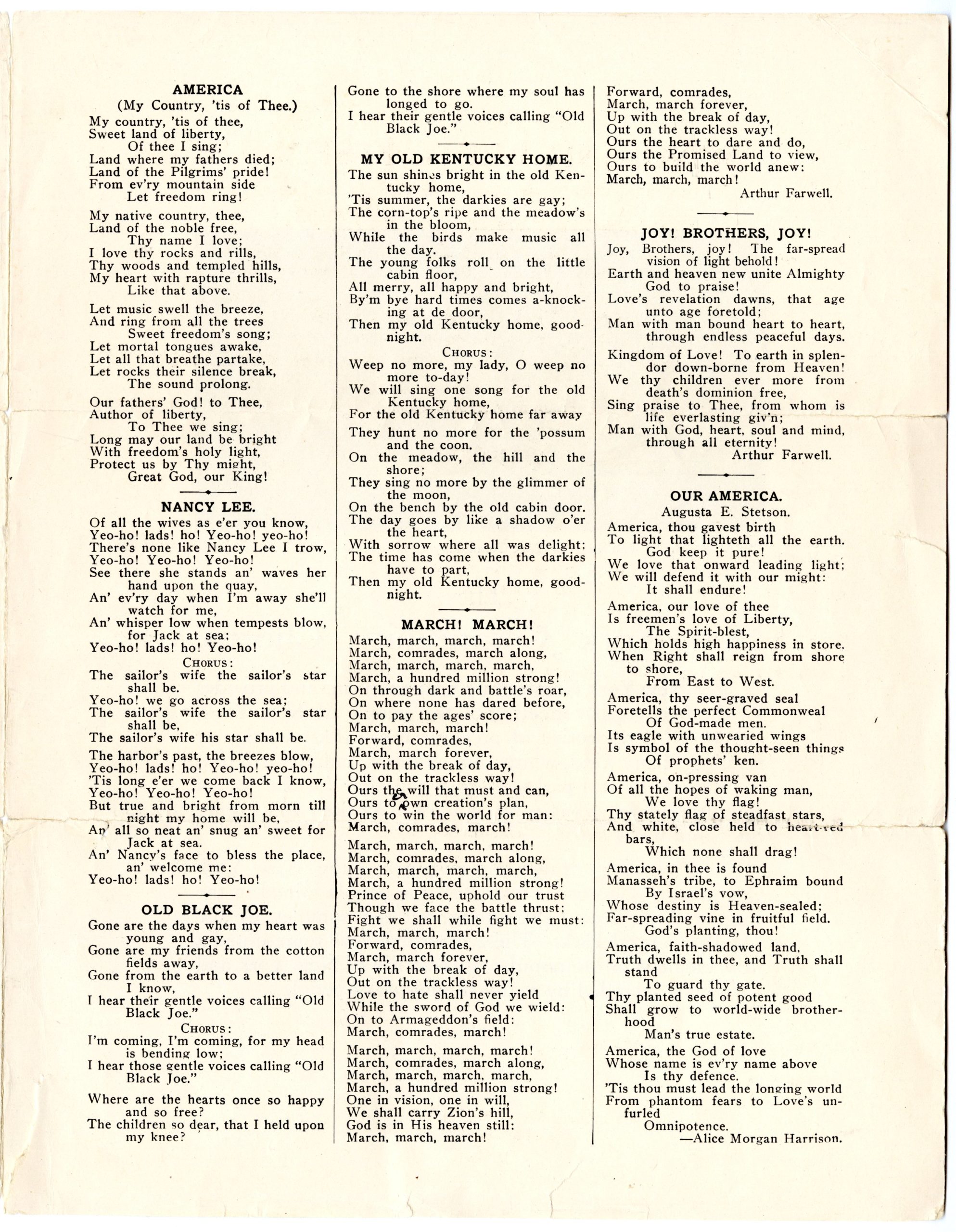 NYC Song and Light Festival program, texts for community singing. NYC Song and Light Festival program, program order.
