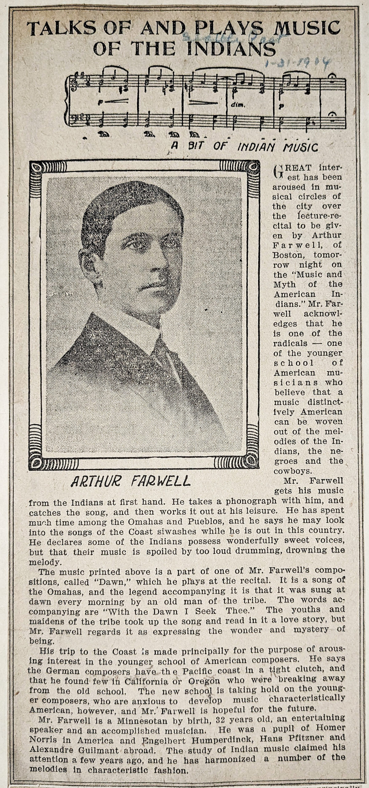 Newspaper article on Farwell lecture on Indian music (1904) Newspaper article on Farwell lecture on Indian music 1904