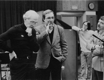 Rayburn Wright, Eastman Jazz Ensemble director, conferring with French-Canadian film director Claude Fournier in Room 120 (today known as the Ray Wright Room). Louis Ouzer Archive
