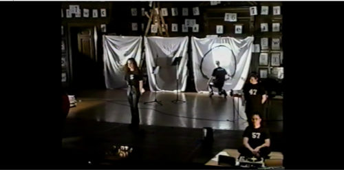 Part I at 42-08 Finally, on same sheet where Thoreau’s likeness had been projected, one performer drawing the A anarchy symbol