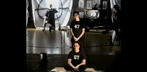 Part I at 43-07 Finally, on same sheet where Thoreau’s likeness had been projected, one performer drawing the A anarchy symbol