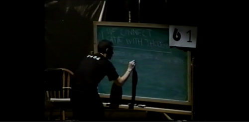 Part II at 03-24 another Solo at the chalkboard; the night’s theme/mantra explicitly written out