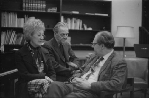 R1179-27 Marian McPartland and Eastman School Director Walter Hendl visit in the Director’s Studio, joined by composer-writer Alec Wilder.