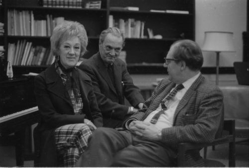 R1179-28 Marian McPartland and Eastman School Director Walter Hendl visit in the Director’s Studio, joined by composer-writer Alec Wilder.