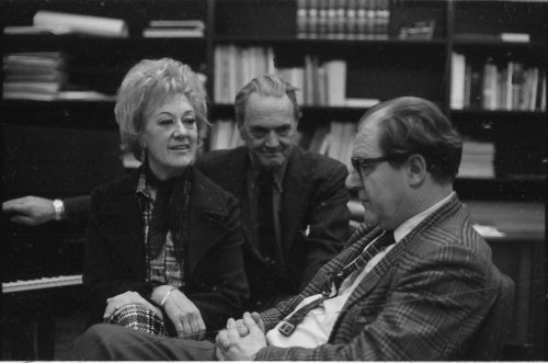 R1179-30 Marian McPartland and Eastman School Director Walter Hendl visit in the Director’s Studio, joined by composer-writer Alec Wilder.