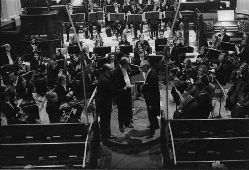 With the members of the Eastman Philharmonia in place, conductor Walter Hendl, organist David Craighead, and composer Samuel Adler acknowledge the applause after the performance of the Concerto for Organ and Orchestra.